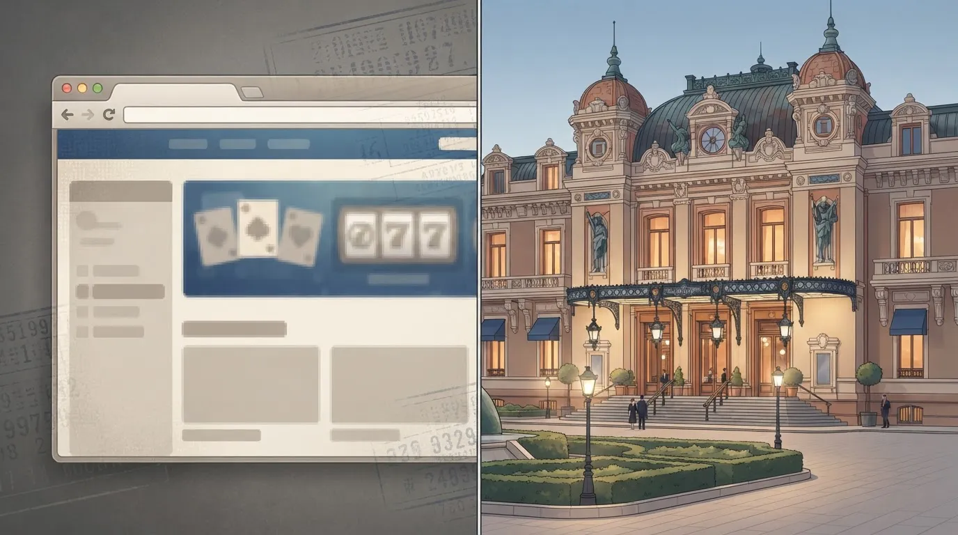 Split editorial illustration contrasting a historical online casino browser window with an active Monaco land-based casino building