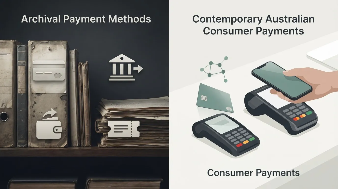 Editorial illustration separating historical casino payment records from current Australian consumer payment methods
