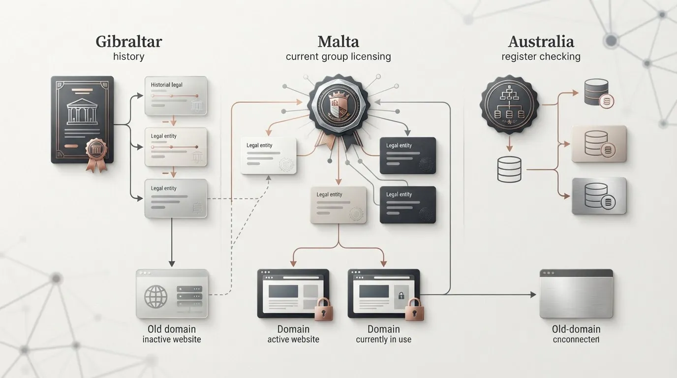 Licence lineage diagram separating Monte-Carlo Casino historical Gibraltar records, current Malta group licensing and the Australian register check