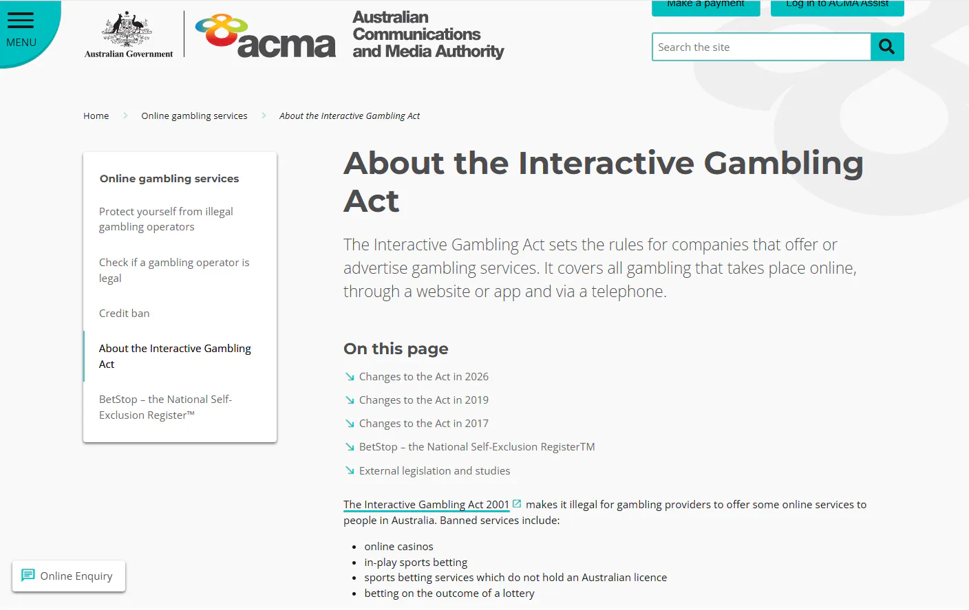 Reference view of the ACMA Interactive Gambling Act page showing online casinos in the banned-services list