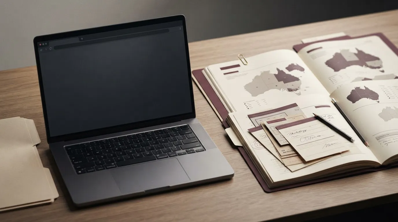 Editorial illustration of an archived online casino interface beside an Australia-focused Australian status notes